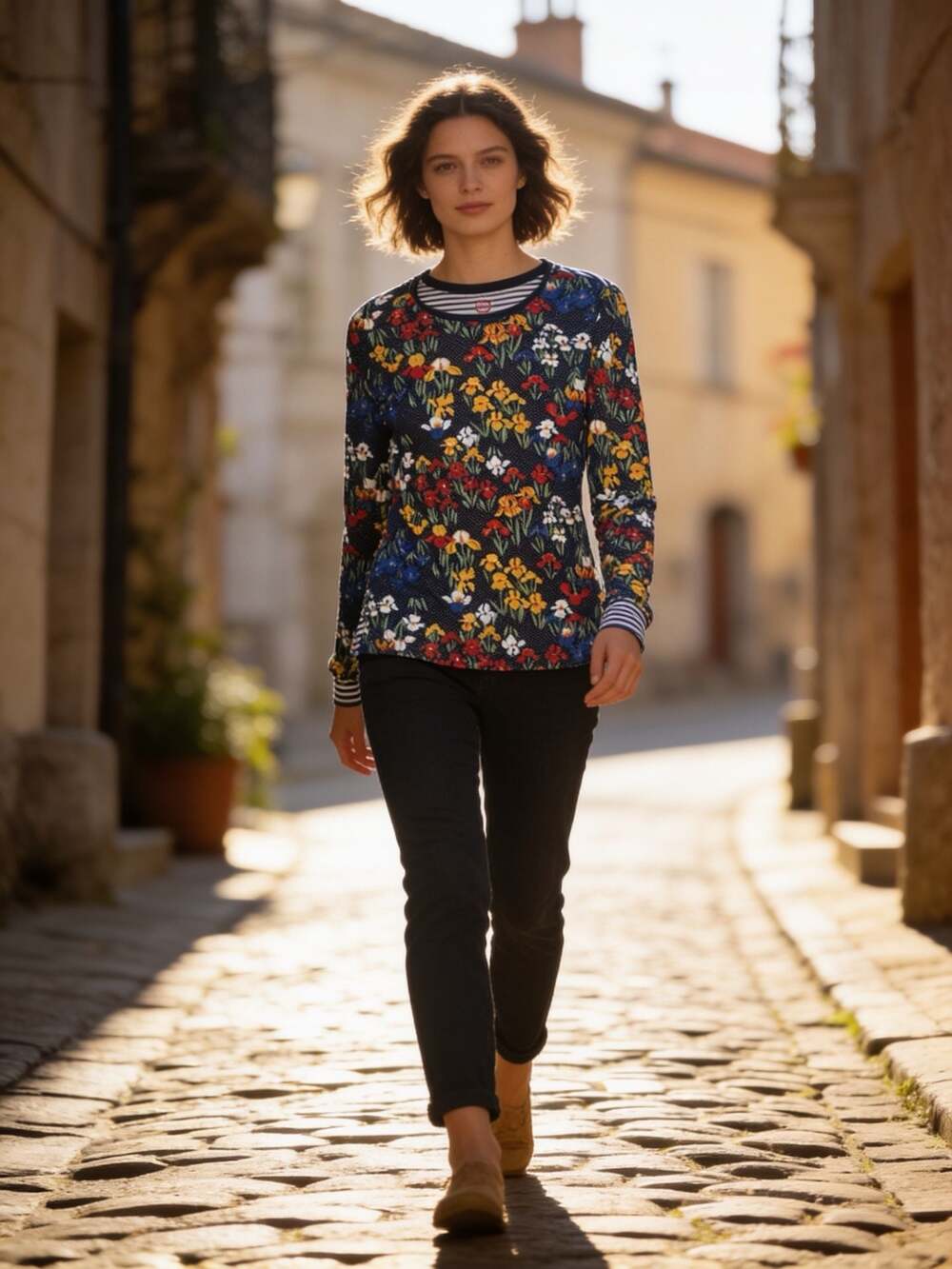 Tory Burch Women's M Blue Floral Print Polka Dot Long Sleeve Cotton Top